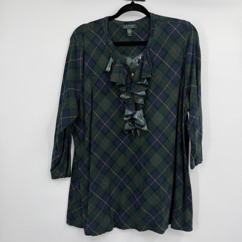Lauren Ralph Lauren Tunic Blouse Womens 3X Green Argyle Ruffle Scoop Neck
